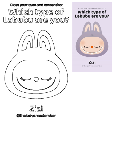 Screenshot game asking 'Which type of Labubu are you?' featuring Zizi. Cute, cartoonish, and interactive for social media engagement.