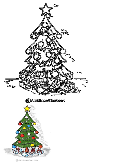 a drawing of a christmas tree with presents under it
