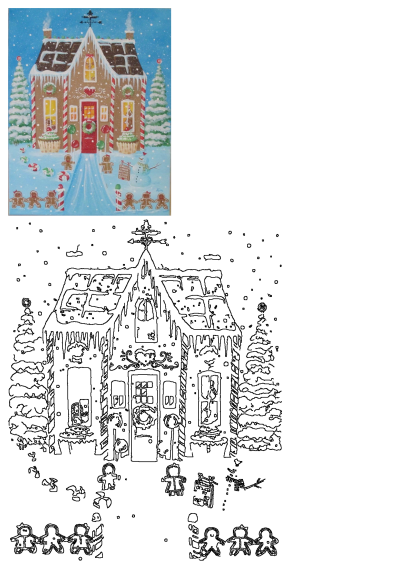 Festive gingerbread house in snow, adorned with candies, gingerbread men, and a snowman. Full color and outline for creative coloring fun.
