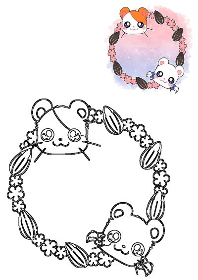 Two adorable cartoon hamsters with flower and seed necklaces, illustrated by SeviYummy. Whimsical and charming character design.
