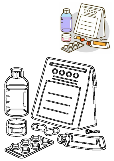 Cartoon image of medication: pills, liquid medicine, ointment, and a prescription pad. Healthcare concept in a simple graphic illustration.
