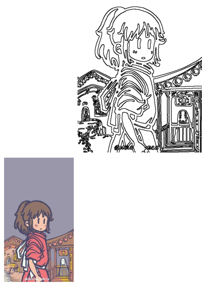 Drawing of Chihiro from Spirited Away standing in front of a gazebo with No-Face inside, her hand on her hip. Animated scene.