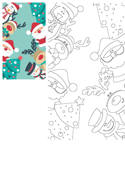 Festive Christmas border with Santa, reindeer, penguin, snowman, and tree, alongside its outline for coloring fun.