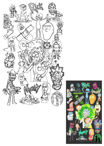 Rick and Morty characters compilation fan art featuring Rick, Morty, Pickle Rick, Mr. Meeseeks, and other iconic figures from the show.