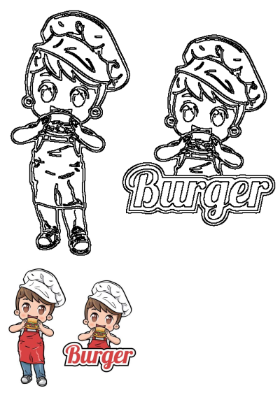Cartoon character with chef's hat and apron, holding a burger with the word 'burger' written on it. A fun image for burger lovers!