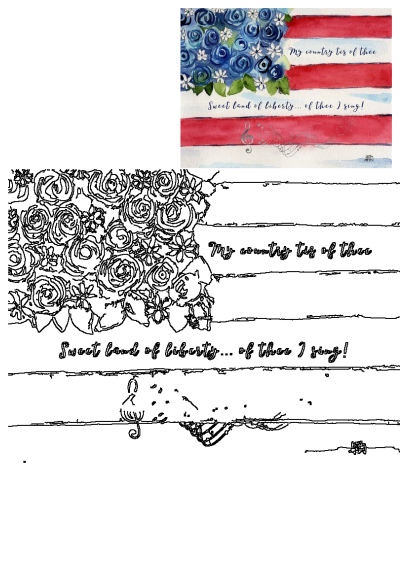 American flag with blue flowers and "My country tis of thee" inscription. Patriotic floral artwork evokes national pride and sentiment.