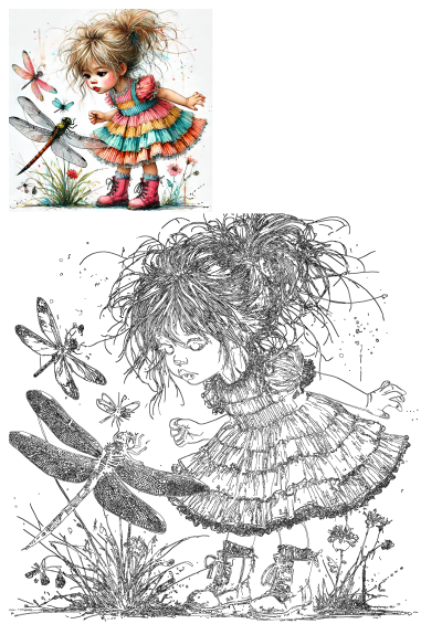 Watercolor illustration of a cute little girl in a colorful dress, curiously watching dragonflies in a garden setting. Artwork.