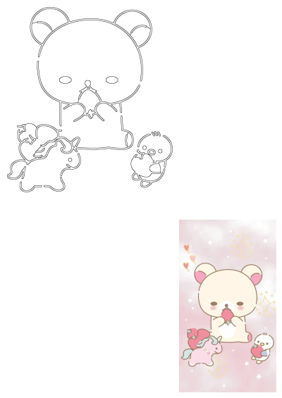 A cute cartoon of a bear eating a strawberry, joined by a unicorn and chick with strawberries, set on a pink and white background. 