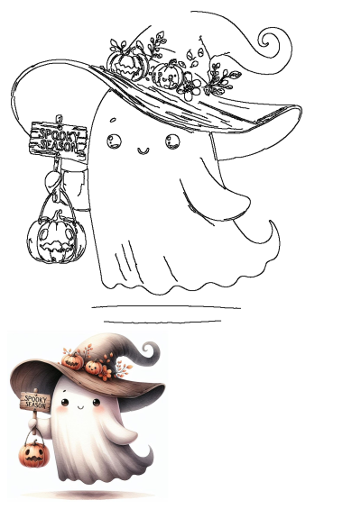 Cute whimsical Halloween ghost clipart with a witch hat, pumpkins, and a 'Spooky Season' sign. Perfect for fall printables and holiday prints.