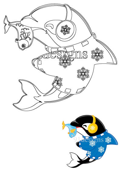 Cute penguin with headphones, holding a fish. Features snowflakes, adding a winter touch to this adorable animal. Perfect for seasonal projects!