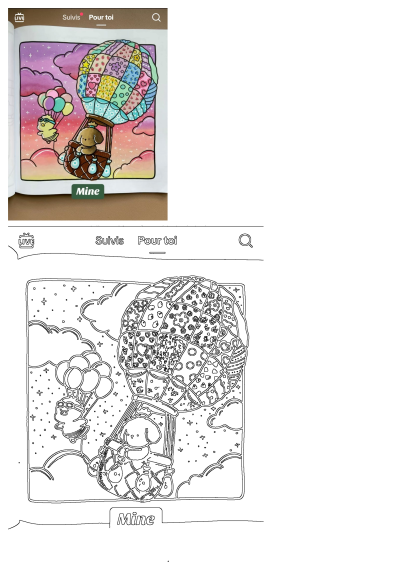 A cute puppy in a hot air balloon with a duckling on balloons. Beautiful coloring page. Great for kids. 