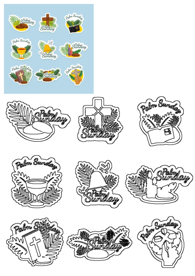 Set of Palm Sunday stickers featuring religious icons like crosses, bibles, palm leaves and bread. Vector illustration for christian celebration.