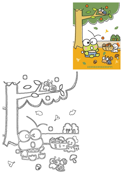 An image of Keroppi, the cartoon frog character, playing in a park scene with snails, a basket of mushrooms, trees, and acorns. 