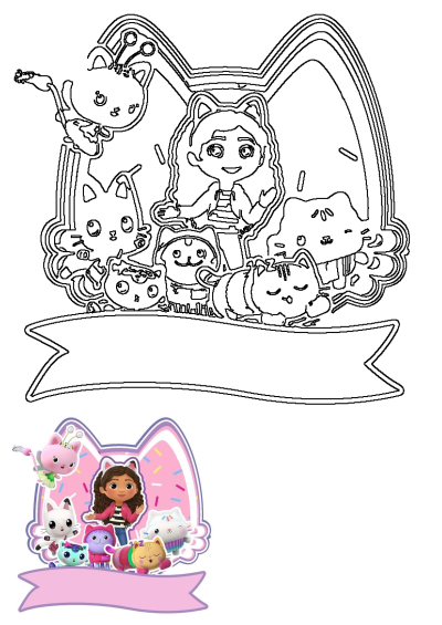 Gabby's Dollhouse cake topper printable featuring Gabby and her cat friends. DIY template for a birthday party decoration.