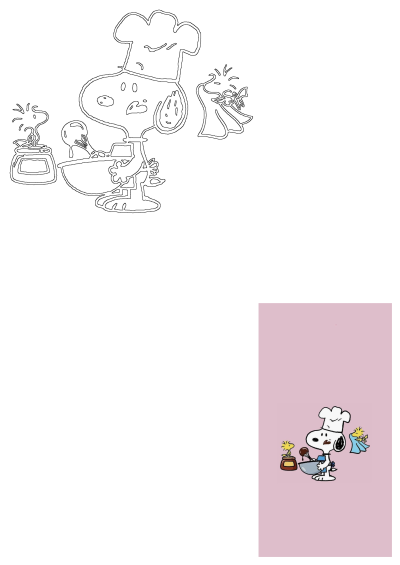 Cute cartoon of Snoopy wearing a chef hat and cooking with his Woodstock friends, mixing ingredients in a bowl. A fun Snoopy baking scene.