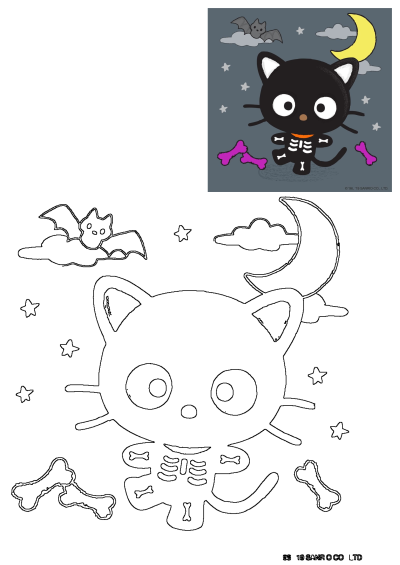A black cat wearing skeleton bones costume and some bones laying down, full moon and a bat are behind it, on a gray background for halloween