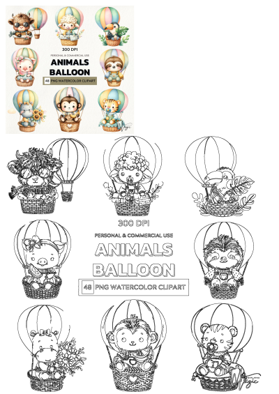 Watercolor clipart animals in hot air balloons. Cute animals including a cow, sheep, toucan, pig, sloth, hippo, monkey, and tiger are in balloons.