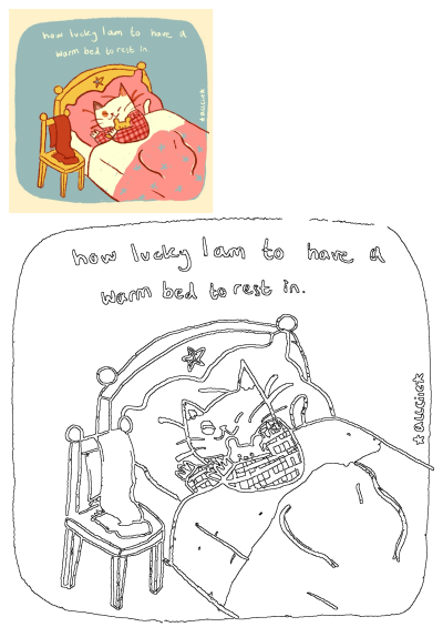 How lucky am I? A cozy cat illustration of Winnie & Watson sleeping in a warm bed. Cute drawings and positive reminder.