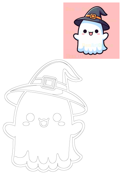 Cartoon image of a cute ghost wearing a witch's hat. A friendly, kawaii-style illustration perfect for Halloween decorations.