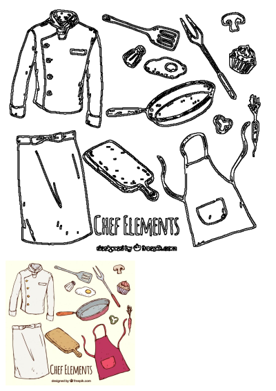 Illustration of chef's clothing, including jacket and apron, alongside cooking utensils like a spatula, pan, and cutting board. 