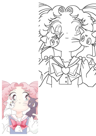 Anime character with pink hair and two cats. One white cat and one dark cat. Style of Sailor Moon.