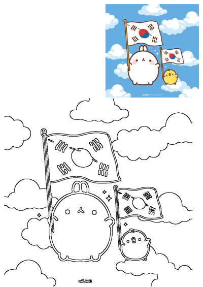 Cute illustration of an animal (Molang) and a duck waving South Korean flags against a blue sky with clouds. Molang and duck holding flag.