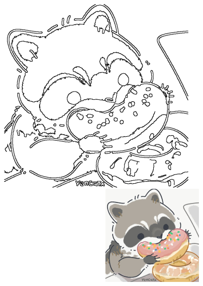 Cute cartoon raccoon enjoying a stack of donuts. Features pink frosted donut with sprinkles and a glazed donut. Adorable animal illustration.