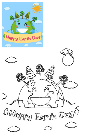 Happy Earth Day illustration featuring a smiling planet Earth with trees, the sun, a 'Happy Earth Day' banner, and fluffy clouds.