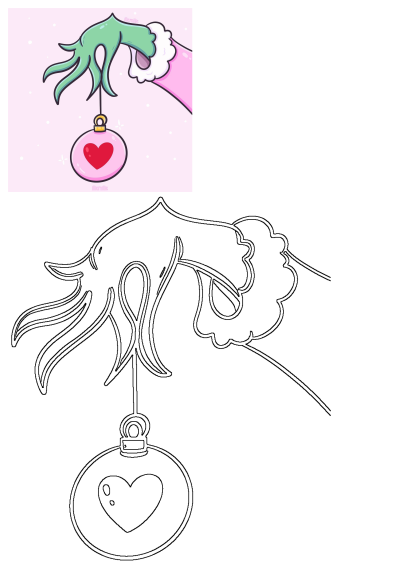 Grinch hand holding a pink ornament with a red heart design. Cute and festive illustration for Christmas or holidays.