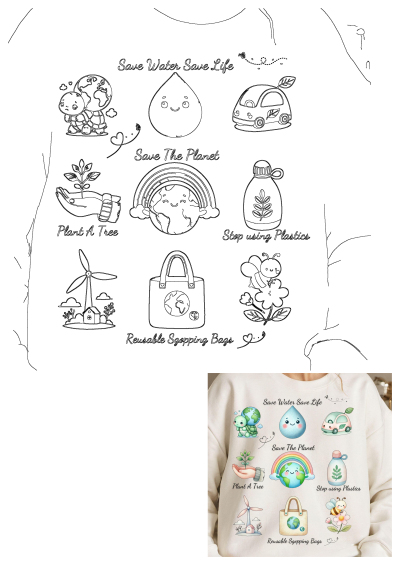 Woman's sweatshirt promoting environmental awareness with 'Save Water Save Life' and other eco-friendly themed graphics and messages.