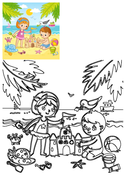 Two cartoon children playing on the beach, building a sand castle with a seagull watching in the background. Beach toys and ocean view included.