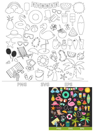 Summer clipart set on black background featuring flamingos, beach balls, watermelon, sun, beach chairs, and other vacation themed items.