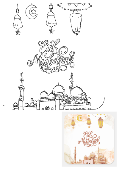 Eid Mubarak greeting card decorated with watercolors, elegant calligraphy, and a mosque illustration. Celebrate Eid with this festive design.