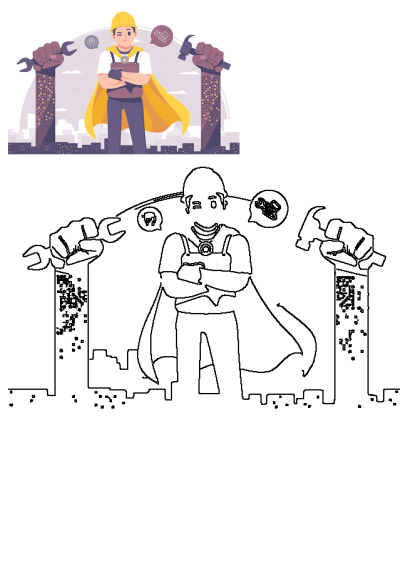 Illustration of a confident man dressed as a superhero construction worker with his arms crossed. Holding tools with the city background. 
