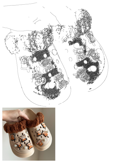 A person is holding up beige clogs customized with cute cow jibbitz charms, pearl embellishments and brown fluffy trim accents. 