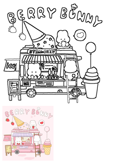 Cute illustration of a pink 'Berry Bunny' strawberry ice cream truck with bunny characters, ice cream, strawberries, and pastel colors.