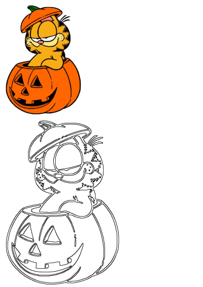 Cartoon image of Garfield the cat sitting inside a carved pumpkin, wearing a pumpkin top as a hat. A Halloween themed illustration.