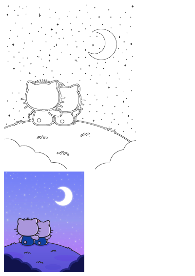 Two adorable Hello Kitty cats sitting on a hill, gazing at the moonlit starry sky. A cute and kawaii scene perfect for backgrounds or wallpapers.