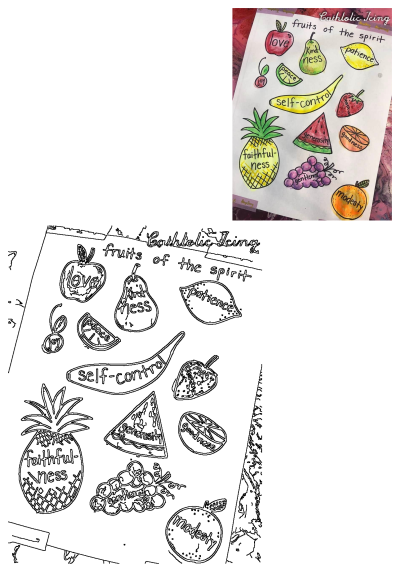 Visual aid for bible teaching featuring hand-drawn fruit stickers representing the Fruits of the Spirit: love, joy, peace, patience, etc.
