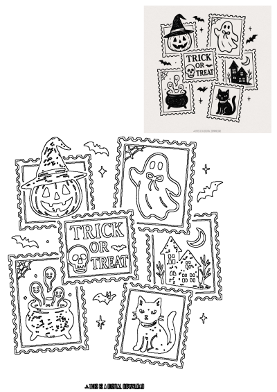 halloween stamps with pumpkins, ghost and cat on them are featured in this black and white illustration