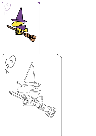 Woodstock from Peanuts, dressed as a witch with a purple hat and cloak, flying on a broom. A Halloween illustration with a whimsical touch.