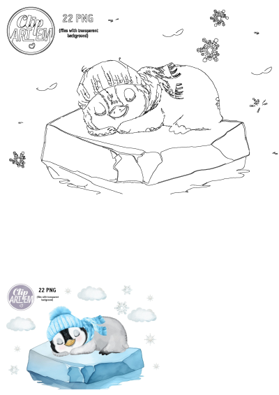 A charming illustration of a penguin peacefully sleeping on an ice floe, adorably dressed in a blue hat and scarf. Perfect for winter designs.