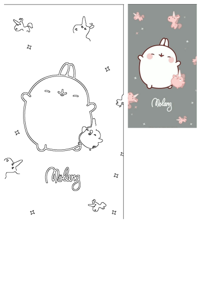 An adorable image featuring a white Molang bunny with a pink unicorn resting on its back, surrounded by more unicorns and the word 'Molang'.