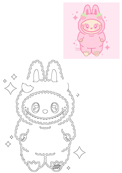 A cute pink fuzzy bunny character with strawberry accents, standing against a pink background with sparkling stars, great for kids.