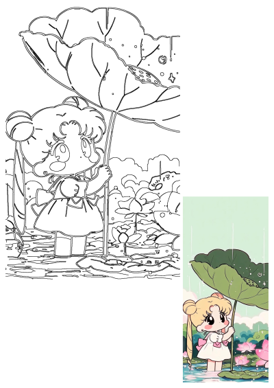 A cartoon girl seeks shelter from the rain under a giant lily pad. She holds the pad like an umbrella,with water droplets visible.