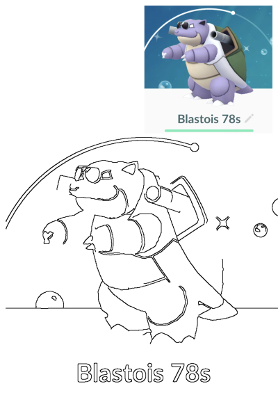 Blastoise with a backpack and sunglasses, labeled as 'blastois 78s'. Pokemon go character with cannons on his shell and a cool style.