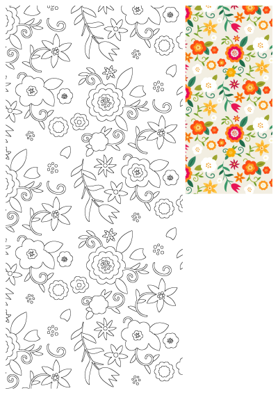 A vibrant pattern featuring orange, red, and white flowers with green leaves on a white background. Cheerful floral design. 