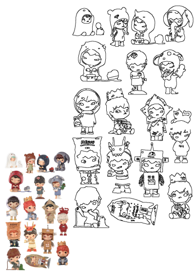 Many small Hirono figurines are arranged in rows. Diverse characters with unique costumes and expressions, showcase the collection's variety.