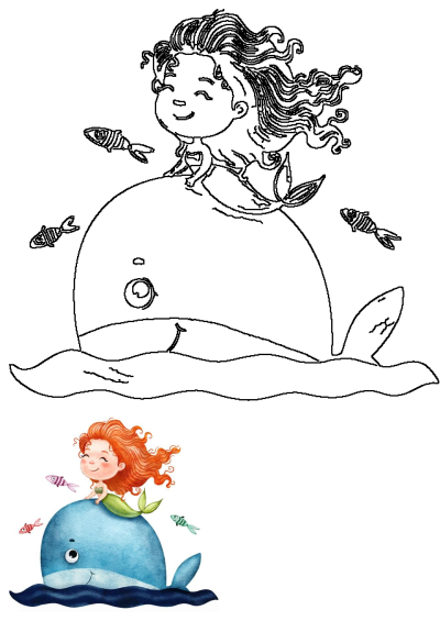 Adorable redhead mermaid swims on a big whale illustration with surrounding fish. A vector travel illustration for a girl in the sea.