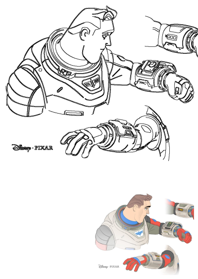 Disney Pixar's Buzz Lightyear concept art showing an animated character in a space suit, focusing on his distinctive red gloves and wrist communicator.